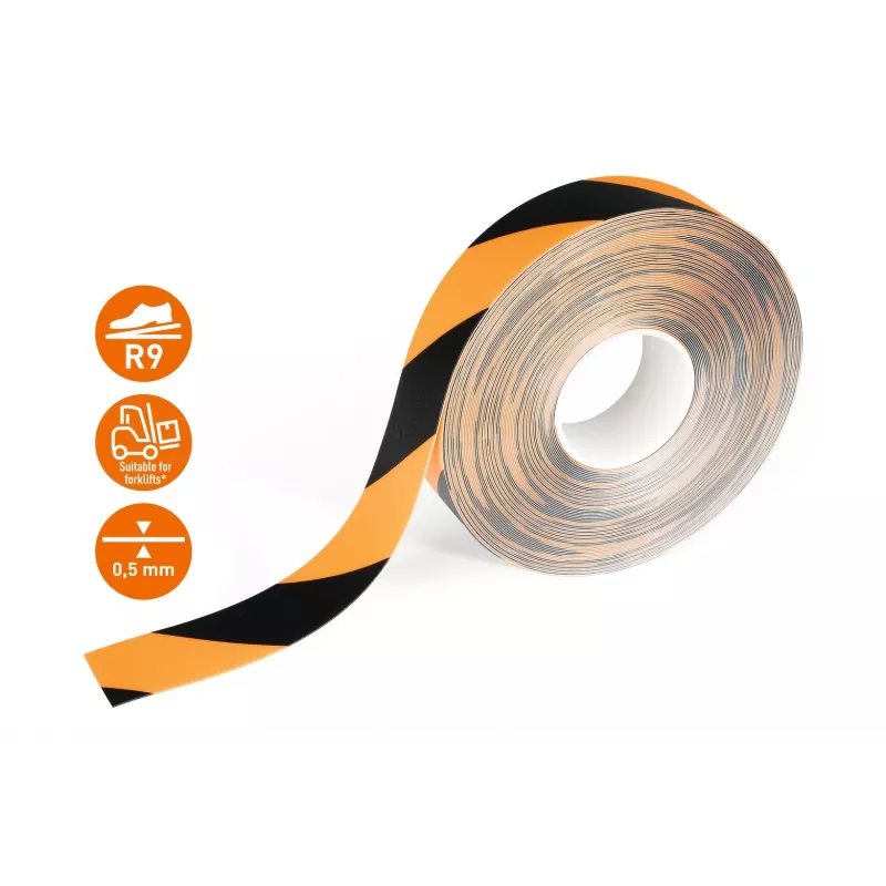DURABLE DURALINE 50/05 itseliimautuva lattiamerkintänauha oranssi/musta raidallinen 50mm x 5m 1021130