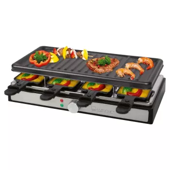 Clatronic RG 3757 raclette-grilli, suorakaiteen muotoinen, uritettu grillilevy 42x21 cm, 8 raclette-pannua, 1400 W, ruostumaton teräs/muovi 263946