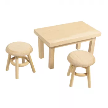 Rayher Mini-Wichtel-pöytä 2 jakkaralla, luonnonpuu, 3-osainen sarja 46819505