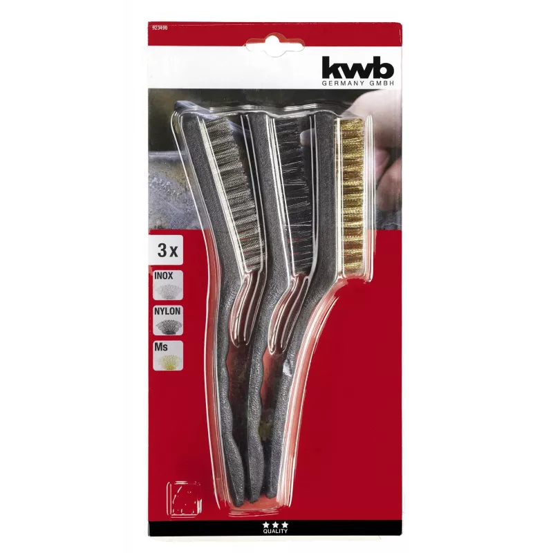 kwb 3-osainen teräsharjasarja – teräs-, messinki- ja nylonharjakset ergonomisilla kahvoilla (923490)