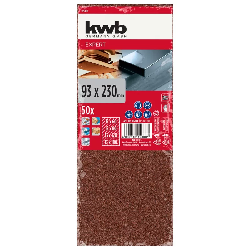 KWB 815888 hiomapaperiarkit, karkeus P60/P80/P120/P180, 230 x 93 mm, 50 kpl