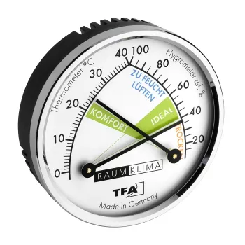 TFA Dostmann 452024 lämpö-kosteusmittari, analoginen, valkoinen/hopea, seinäkiinnitys tai pöytäteline, -15...+55 °C, 0-100 % RH