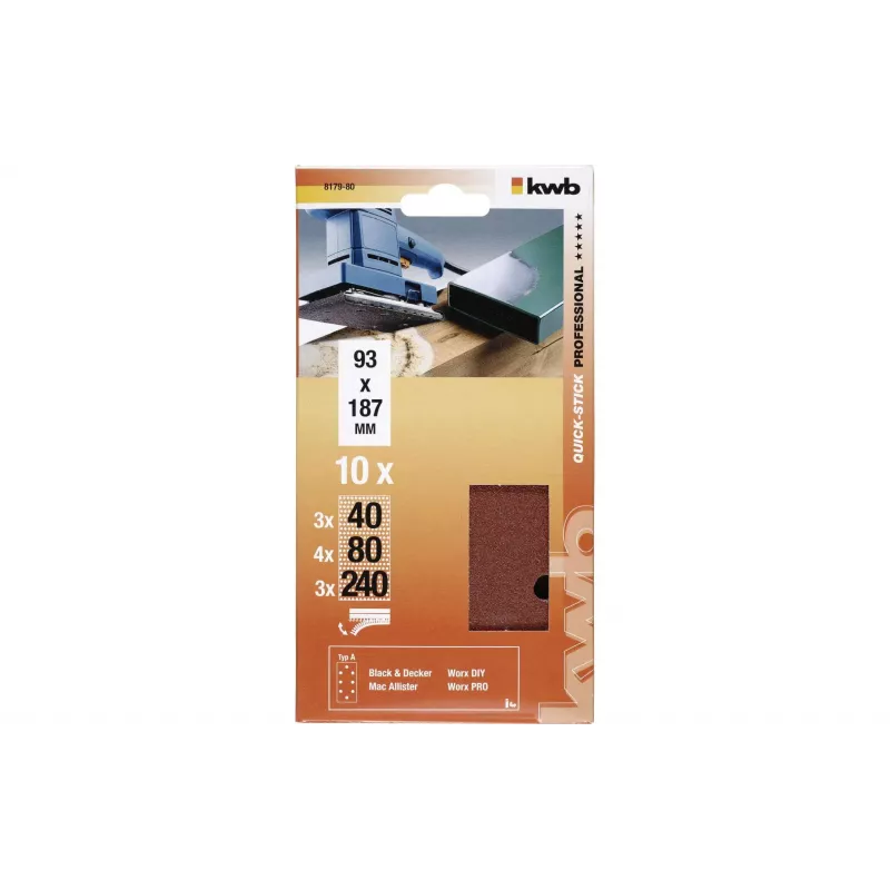KWB 817980 hiomapaperiarkit, karkeus P40/P80/P240, 186 x 93 mm, 10 kpl