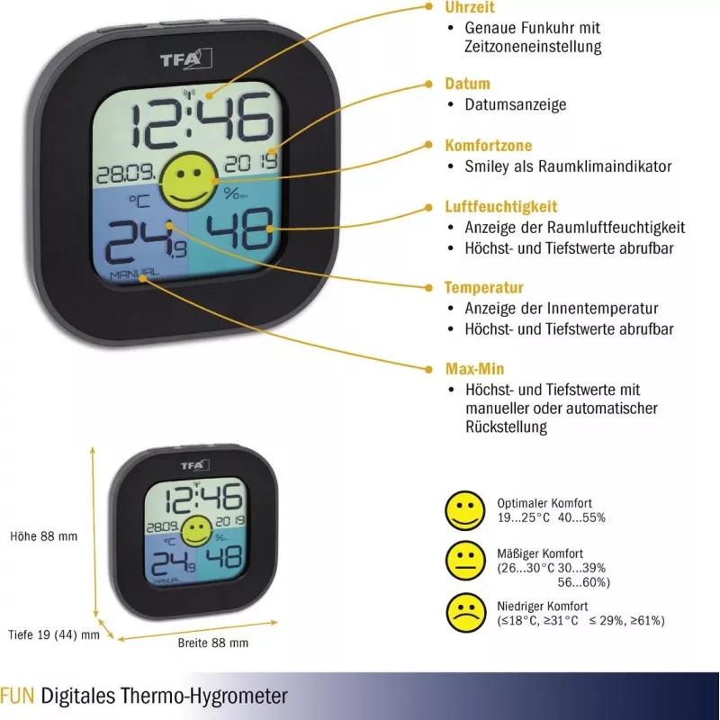 TFA Dostmann FUN sisätilojen elektroninen kosteusmittari musta (30.3242.02)