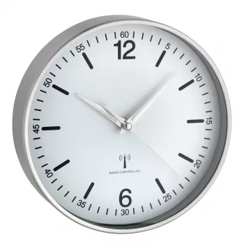 TFA DOSTMANN radioseinä kello 60.3503.02, 195 mm halkaisija, alumiinikehys, valkoinen kellotaulu, hopea