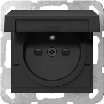 Gira 4488005 SCHUKO-pistorasia kääntökannella, lapsilukko, kiiltävänvalkoinen, System 55