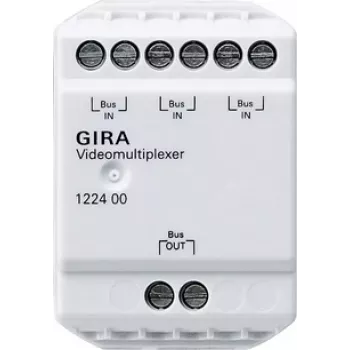 Gira 122400 videomultiplekseri ovipuhelinjärjestelmälle, 2-johdinväylä, 4 kameratuloa, DIN-kisko, 6 TE