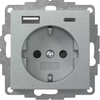 Gira System 55 SCHUKO-pistorasia USB A/C -laturilla, alumiini 245926
