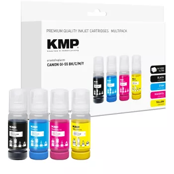KMP täyttömustesarja Canon GI-55BK/C/M/Y, 4x70 ml yhdistelmäpakkaus (musta, syaani, magenta, keltainen) 1587,0005