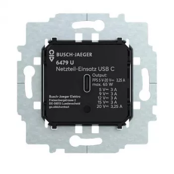 Busch-Jäger 6479 U virtalähdeosa USB-C:llä, 15 W, uppoasennus, valkoinen 2CKA006400A0436
