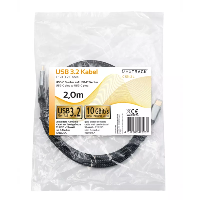 Maxtrack C531-2L USB-C - USB-C kaapeli 3.2 Gen2 10Gbps 100W PD 2 m musta