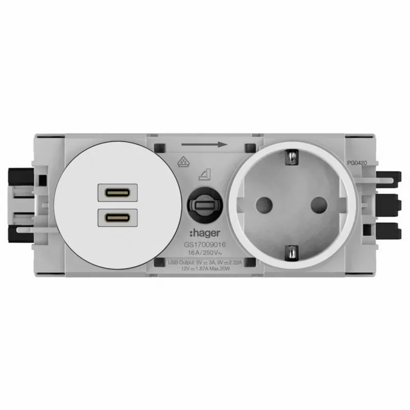 Hager Winsta uppoasennettava SCHUKO-pistorasia 2x USB-C PD 20W laturilla, puhtaanvalkoinen GS17009016