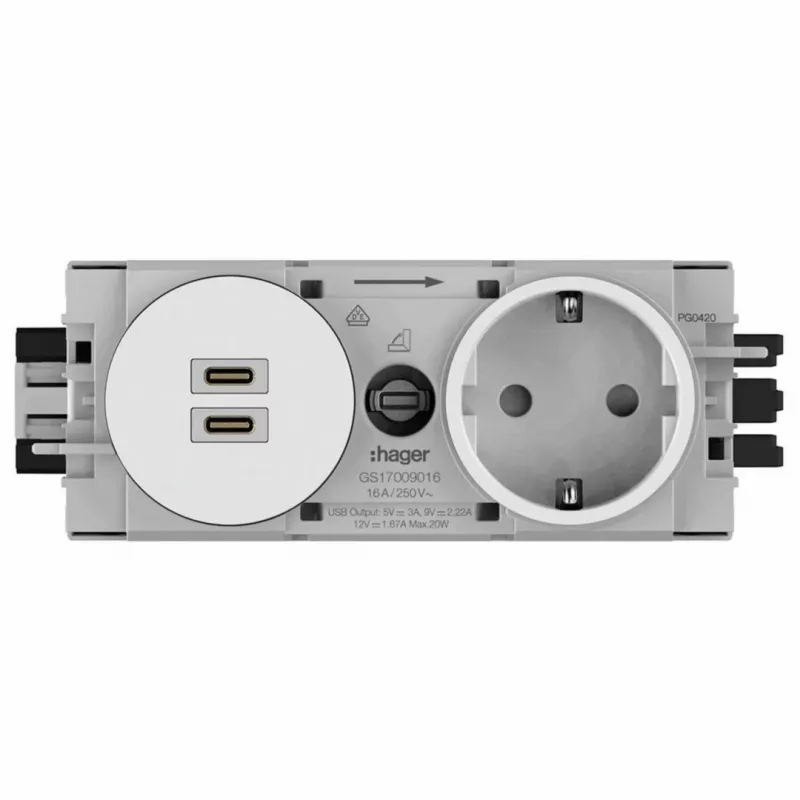 Hager Winsta uppoasennettava SCHUKO-pistorasia 2x USB-C PD 20W laturilla, puhtaanvalkoinen GS17009016