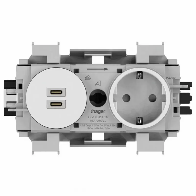 Hager Winsta suko-pistorasia Dual USB-C PD 20W laturilla, polarvalkoinen GS17019016