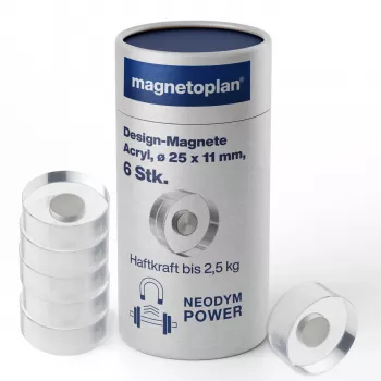 MAGNETOPLAN HOLTZ magnetoplan Design-magneetit, 25 mm, 6 kpl:n pakkaus neodyymimagneetit läpinäkyvällä akryylikahvalla, hiottu (1680025)