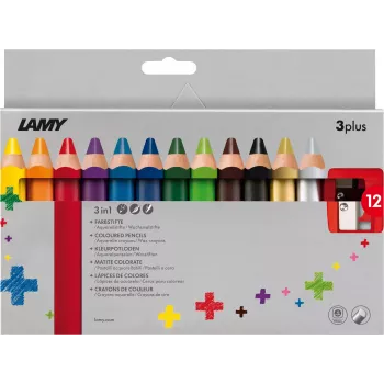LAMY 3plus värikynät 12 kpl:n sarja, erittäin paksut 3,3 mm murtumattomat lyijyt, ergonominen kolmikulmainen otealue, eri värit 1223548