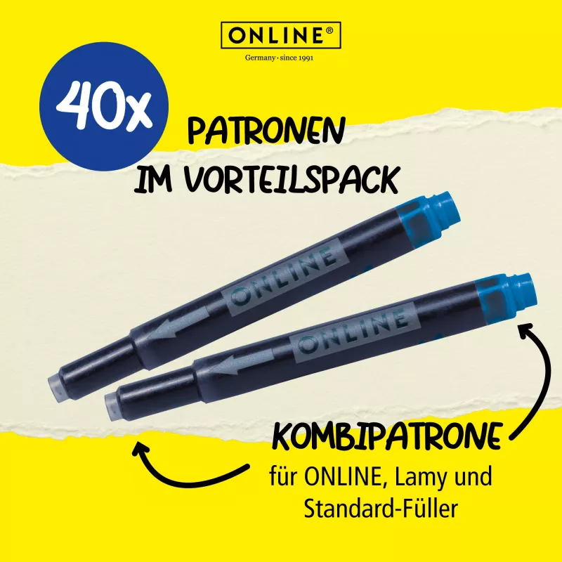 ONLINE yhdistelmämustepatruunat täytekyniin sininen 40 kpl:n pakkaus (70049)