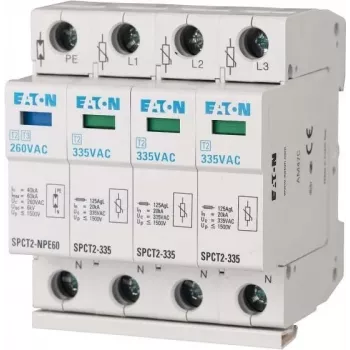 EATON SPCT2-335-3+NPE tyyppi 2 ylijännitesuoja, 3-vaiheinen + nolla + PE, 335 V AC, 40 kA Imax, DIN-kisko 167622