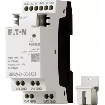 Eaton EASY-E4-DC-6AE1 logiikkaohjausmoduuli, 12/24 V DC, 6 digitaalituloa, 2 analogiatuloa, 4 relelähtöä, laajennettava, sisäänrakennettu LCD