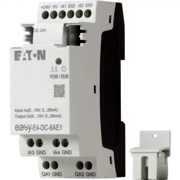 Eaton EASY-E4-DC-6AE1 logiikkaohjausmoduuli, 12/24 V DC, 6 digitaalituloa, 2 analogiatuloa, 4 relelähtöä, laajennettava, sisäänrakennettu LCD