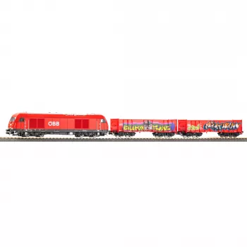 PIKO 57033 H0 lasten aloituspaketti ÖBB tavarajuna Rh 2016 kahdella avoimella Eaos-vaunulla