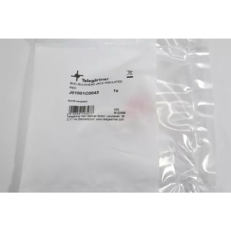 Telegärtner BNC-upotusliitäntä, eristetty 50 ohm, punainen eristyslaippa, Z01 - 1 kpl (J01001C0043)