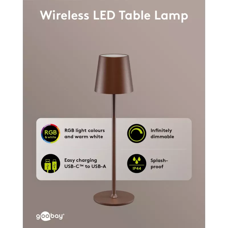 Wentronic Goobay langaton LED-pöytävalaisin, koko M, 38 cm, RGBW, kuparinvärinen (76570)
