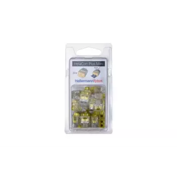 HellermannTyton HelaCon Plus Mini HCPM-2 push-in liitin, 2-napainen, 0,5-2,5 mm², läpinäkyvä/keltainen, 20 kpl:n pakkaus 148-90054