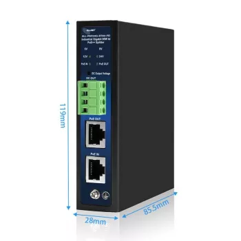 ALLNET teollisuus-PoE-splitteri/erotin IEEE 802.3bt Type 4, 90W, 5V/9V/12V/24V valittava lähtö, Gigabit Ethernet, DIN-kisko-/seinäasennus (ALL-PSI104G-BT90-PD)