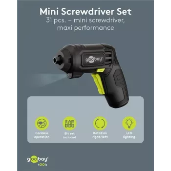 Goobay miniakkuruuvinväänninsarja 31 osaa pistoolikahva 28 bitillä ja micro-USB-latauksella (77818)