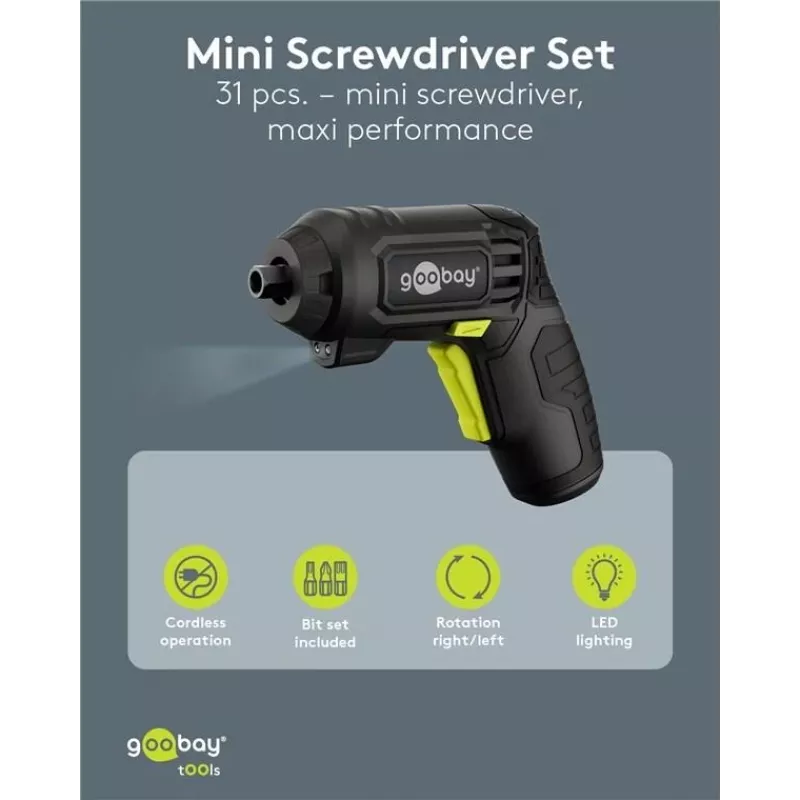 Goobay miniakkuruuvinväänninsarja 31 osaa pistoolikahva 28 bitillä ja micro-USB-latauksella (77818)