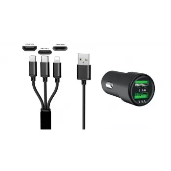 IWH Dual USB autolaturi 3-in-1 12/24V 3,4A musta (19061)