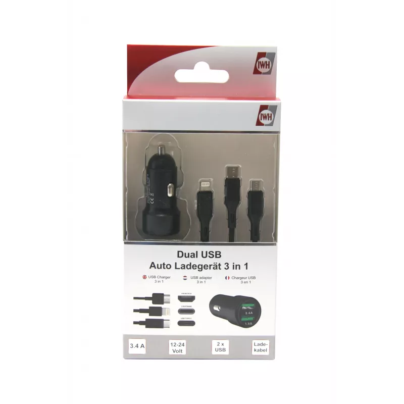 IWH Dual USB autolaturi 3-in-1 12/24V 3,4A musta (19061)