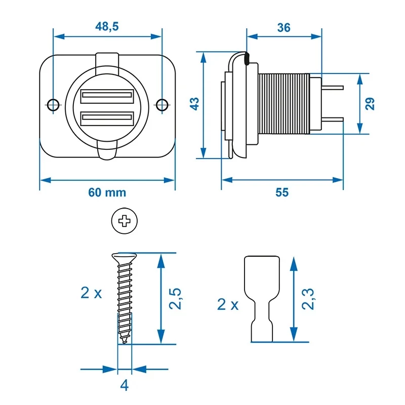 IWH USB kaksoisuppoasennuspistorasia 12/24V 2,1A 2x USB-A musta 019006