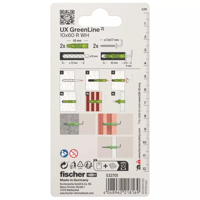 Fischer 532701 UX Green 10 x 60 R WH K NV yleisproppusarja ruuvilla ja L-koukulla, 10 mm x 60 mm, 1 sarja