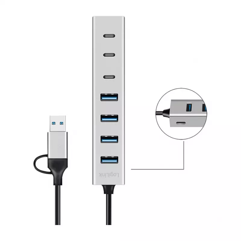 LogiLink USB 3.0 -keskitin, 7-porttinen, 4x USB-A 3x USB-C, alumiinikotelo