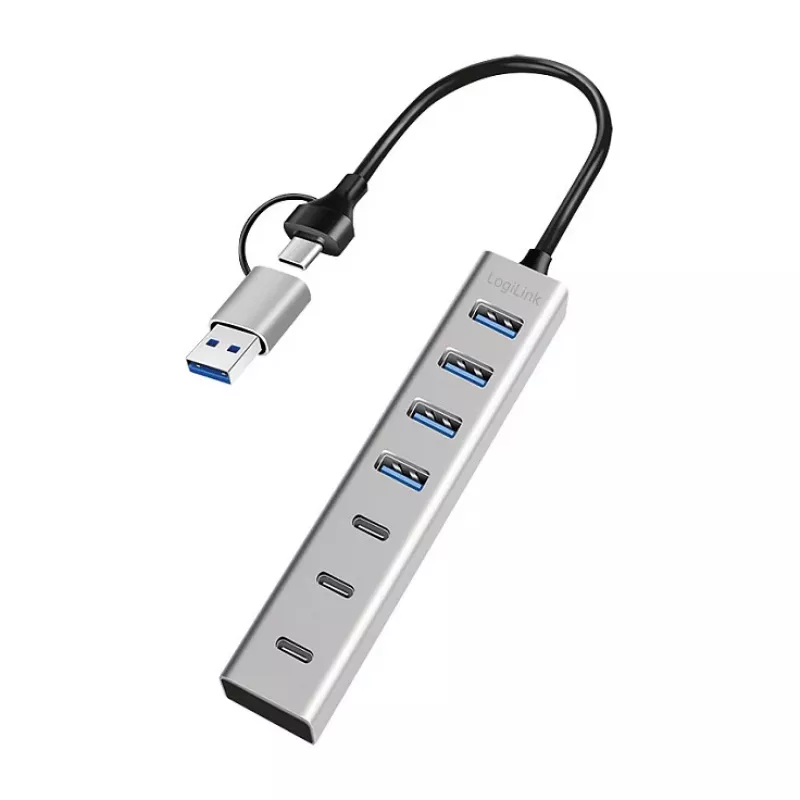 LogiLink USB 3.0 -keskitin, 7-porttinen, 4x USB-A 3x USB-C, alumiinikotelo
