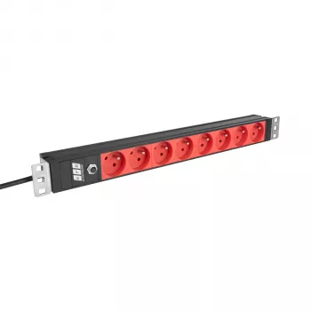 EFB ELEKTRONIK EK631CF.1V2 19 tuuman 1U rackmount PDU, 8 x CEE 7/5 (tyyppi E) punaiset pistorasiat, IEC C14 tulo, 10A ylikuormitussuoja, musta