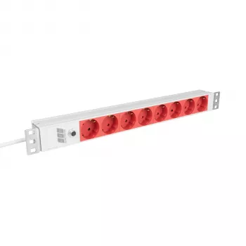 EFB Elektronik EK631CD.1GRV2 19 tuuman 1U räkkikiinnitteinen pistorasialista, 8x CEE 7/3 punaista pistorasiaa, IEC C14-tulo, 10A ylikuormitussuoja, harmaa
