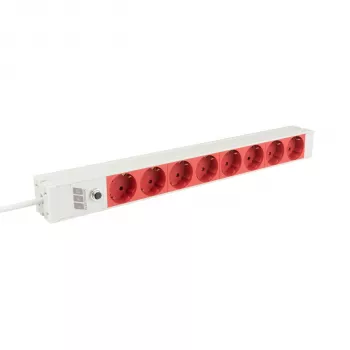 EFB Elektronik EK631CD.1GRV2 19 tuuman 1U räkkikiinnitteinen pistorasialista, 8x CEE 7/3 punaista pistorasiaa, IEC C14-tulo, 10A ylikuormitussuoja, harmaa