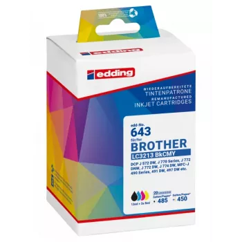 Edding 18-643 yhteensopivat mustepatruunat monipakkaus Brother LC3213-sarjaan – musta, syaani, magenta, keltainen (4 kpl:n pakkaus)