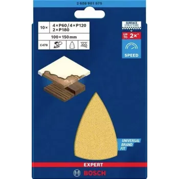 Bosch 2608901675 hiomapaperisetti monihiomakoneelle, 10-osainen, sekakarkeus P60/P120/P180, 150 x 100 mm, tarranauha