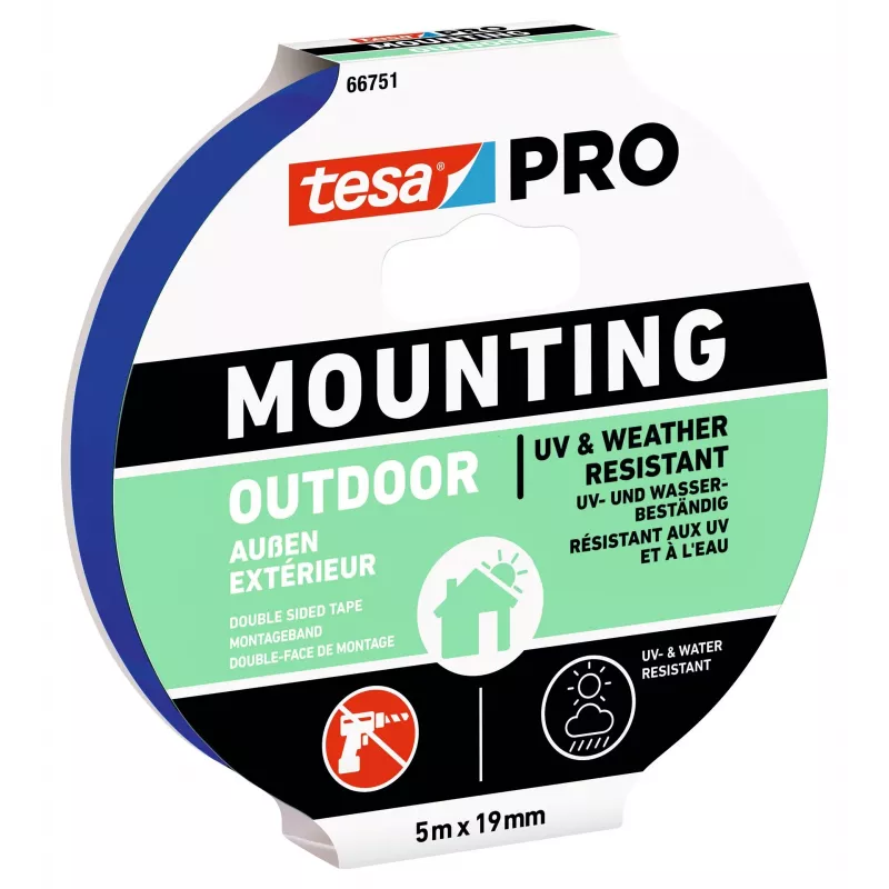 tesa Montage PRO Outdoor 66751-00001-00 läpinäkyvä kiinnitysteippi, 5 m x 19 mm, 1 rulla