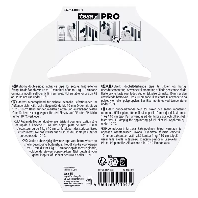 tesa Montage PRO Outdoor 66751-00001-00 läpinäkyvä kiinnitysteippi, 5 m x 19 mm, 1 rulla