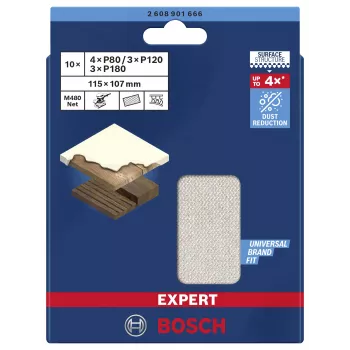 Bosch Expert M480 hiomaverkko-sarja epäkeskohiomakoneeseen, 3-osainen, karkeus 80/120/180, 115 x 107 mm, tarranauha 2608901666