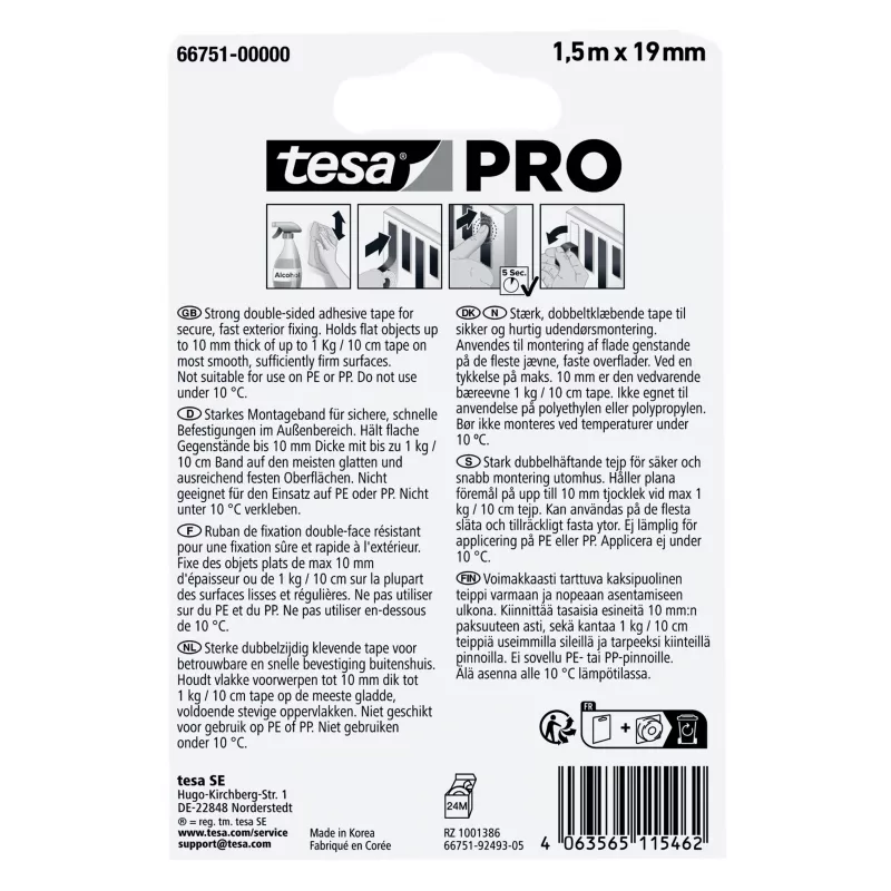 tesa Montage PRO Outdoor 66751-00000-00 läpinäkyvä kiinnitysteippi 1,5 m x 19 mm