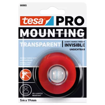 tesa Montage PRO Transparent 66965-00001-00 kaksipuolinen akryylivaahtokiinnitysteippi, 5 m x 19 mm, kestää jopa 10 kg/m, UV- ja kosteudenkestävä, sisä- ja ulkokäyttöön