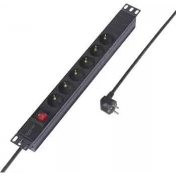 Sygonix SY-6736978 19 tuuman 1U rack-asennus jatkojohto, 6 Schuko-pistorasiaa, 2m kaapeli, musta