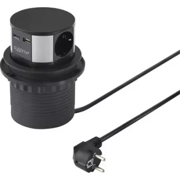Sygonix SY-6887466 3-osainen pistorasiatorni, musta/hopea, 1,5 m kaapeli, 3 Schuko-pistorasiaa, 3680 W, valaistu kytkin