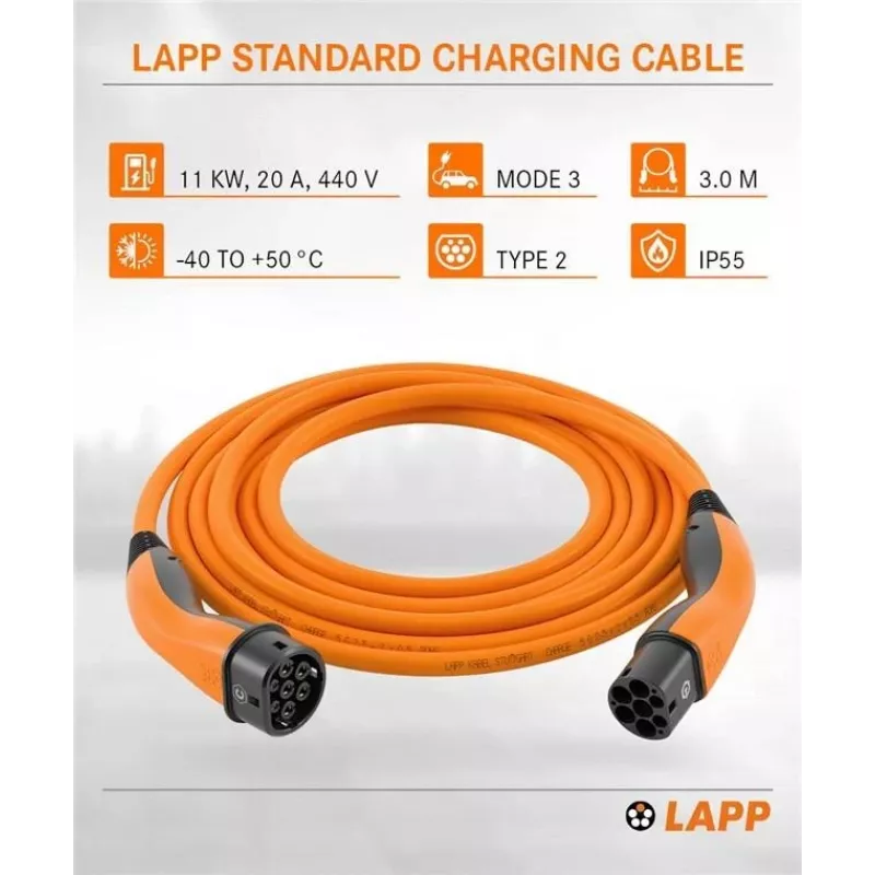 LAPP Type 2 EV-latauskaapeli 11 kW 3m oranssi 75743
